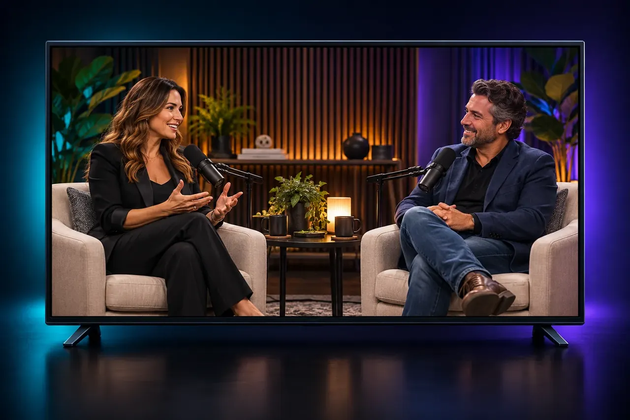 Illustration of two people recording a podcast interview, shown on a widescreen TV